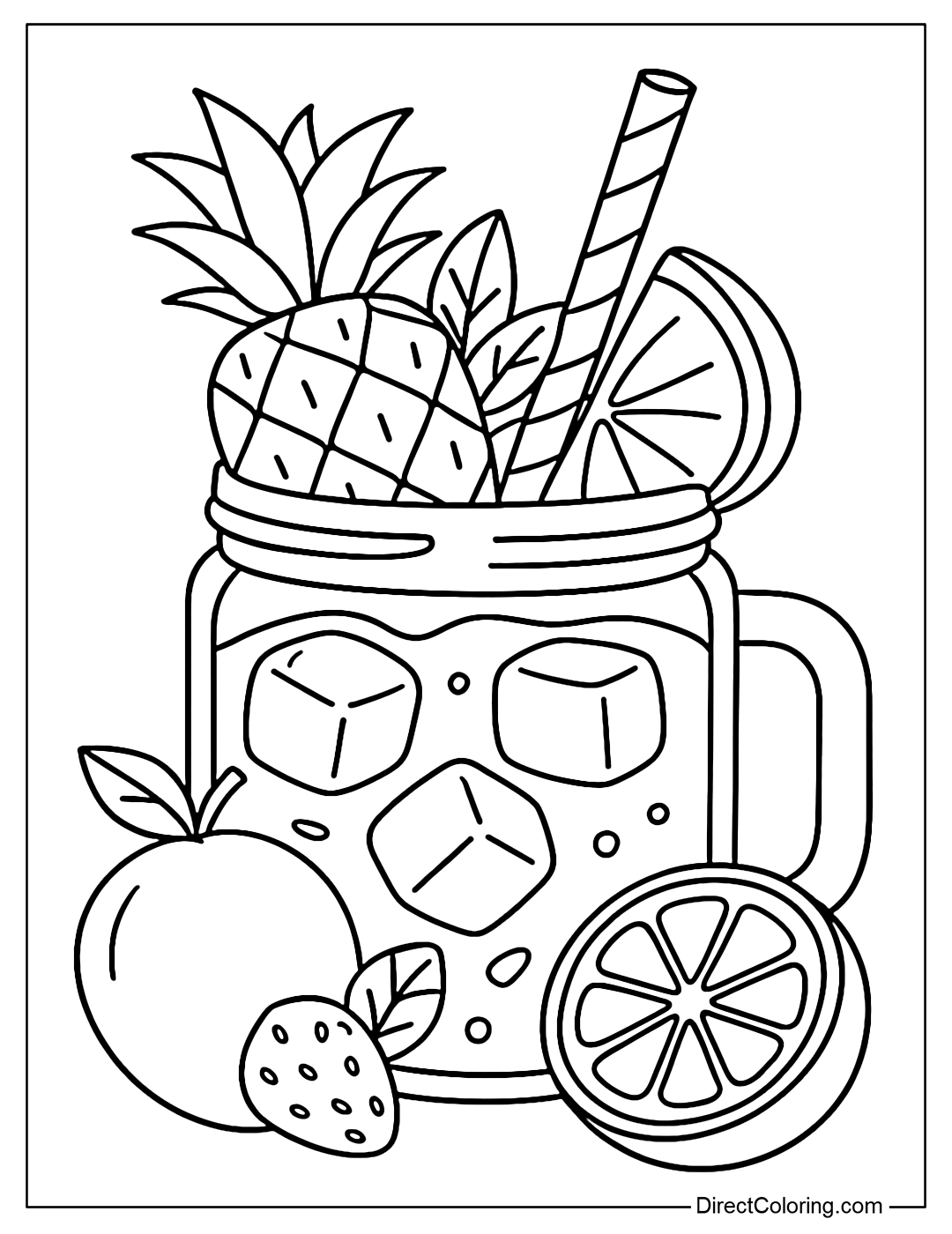 Summer smoothie coloring page with mango, pineapple, orange and ice cubes.